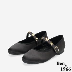 Ben&1966高級絲綢緞布金屬釦飾瑪莉珍鞋-黑(256201)