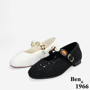 Ben&1966質感格紋布寶石釦飾瑪莉珍鞋-黑(256191)