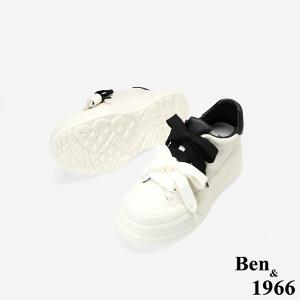 Ben&1966質感牛皮撞色蝴蝶結綁帶厚底休閒鞋-黑(256031)