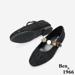 Ben&1966質感格紋布寶石釦飾瑪莉珍鞋-黑(256191)