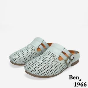 Ben&1966高級打蠟羊皮沖孔休閒穆勒拖-灰藍(256231)