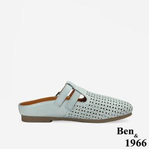 Ben&1966高級打蠟羊皮沖孔休閒穆勒拖-灰藍(256231)