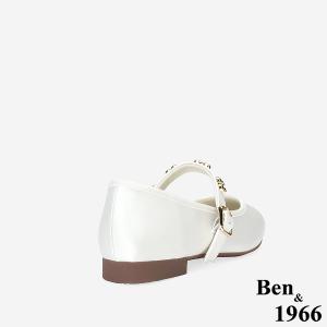 Ben&1966高級絲綢緞布金屬釦飾瑪莉珍鞋-白(256202)
