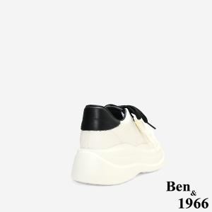 Ben&1966質感牛皮撞色蝴蝶結綁帶厚底休閒鞋-黑(256031)