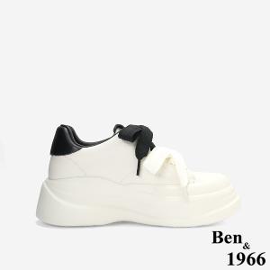 Ben&1966質感牛皮撞色蝴蝶結綁帶厚底休閒鞋-黑(256031)