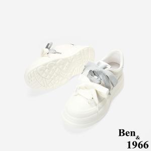 Ben&1966質感牛皮撞色蝴蝶結綁帶厚底休閒鞋-銀(256032)