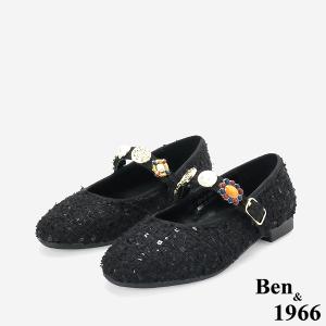 Ben&1966質感格紋布寶石釦飾瑪莉珍鞋-黑(256191)