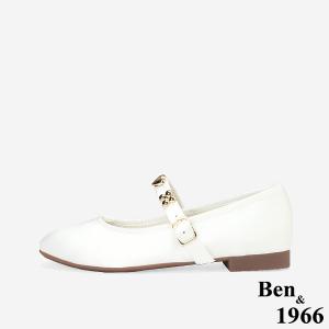 Ben&1966高級絲綢緞布金屬釦飾瑪莉珍鞋-白(256202)