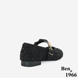 Ben&1966質感格紋布寶石釦飾瑪莉珍鞋-黑(256191)