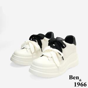 Ben&1966質感牛皮撞色蝴蝶結綁帶厚底休閒鞋-黑(256031)