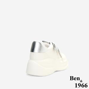 Ben&1966質感牛皮撞色蝴蝶結綁帶厚底休閒鞋-銀(256032)