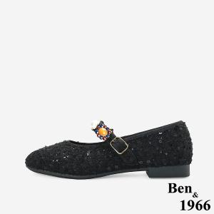 Ben&1966質感格紋布寶石釦飾瑪莉珍鞋-黑(256191)