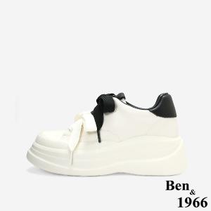 Ben&1966質感牛皮撞色蝴蝶結綁帶厚底休閒鞋-黑(256031)