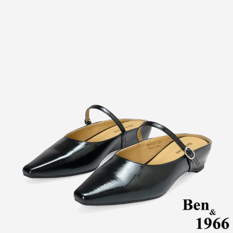 Ben&1966高級頭層牛皮質感優雅內增高穆勒拖-黑(256271)