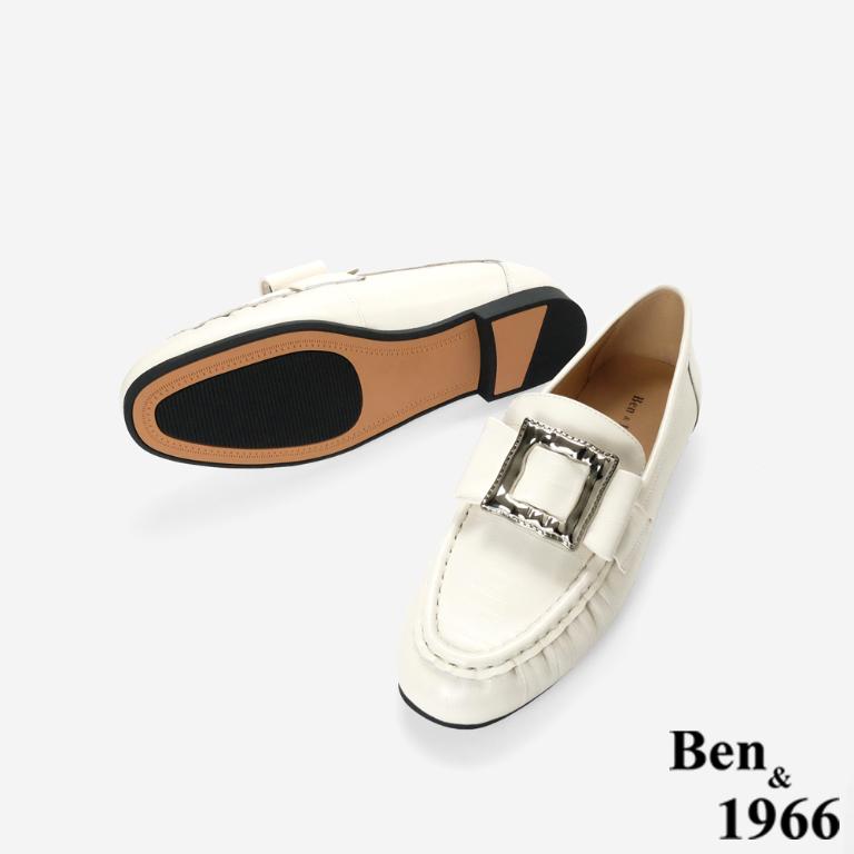 Ben&1966高級頭層牛皮個性方釦樂福鞋-米白(256132)