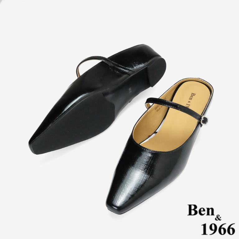 Ben&1966高級頭層牛皮質感優雅內增高穆勒拖-黑(256271)