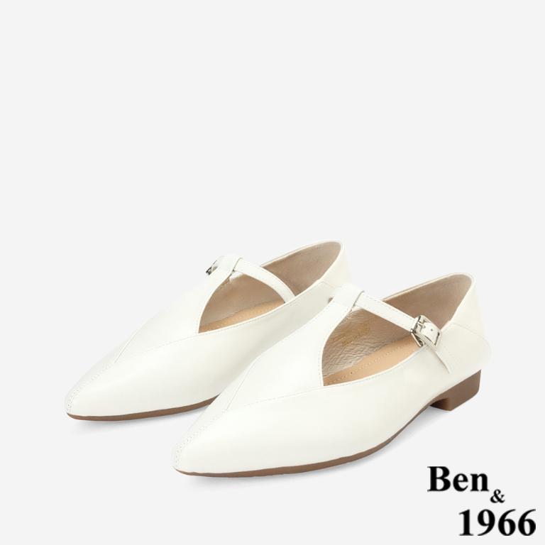 Ben&1966高級牛油皮氣質韓系尖頭瑪莉珍鞋-白色(256302)