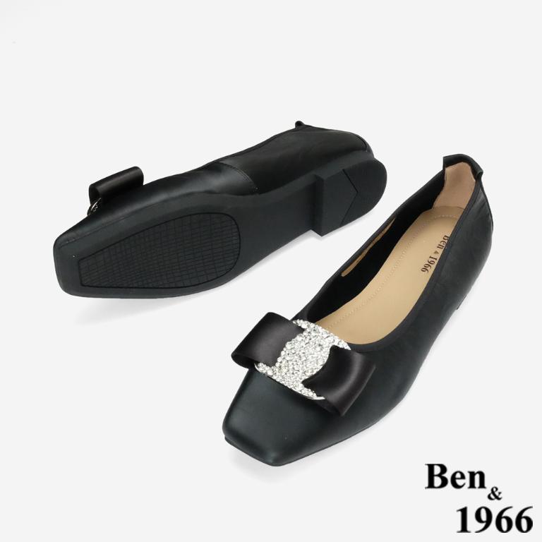 Ben&1966柔軟絲綢羊皮優雅鑽釦方頭包鞋-黑(256251)