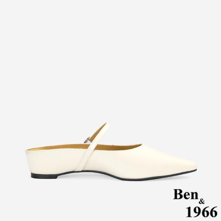 Ben&1966高級頭層牛皮質感優雅內增高穆勒拖-米白(256272)