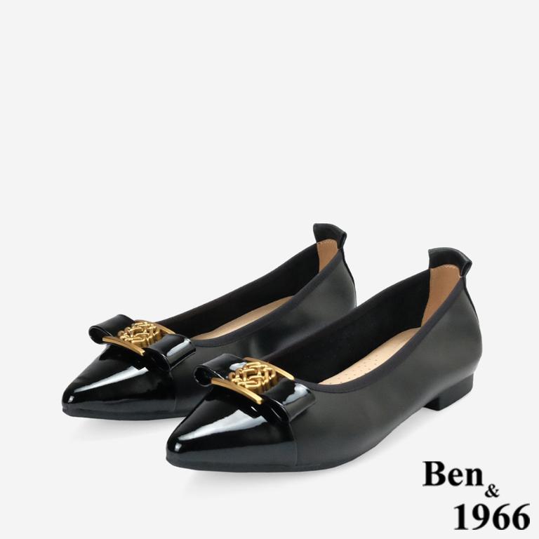 Ben&1966高級頭層牛皮優雅尖頭包鞋-黑(256281)