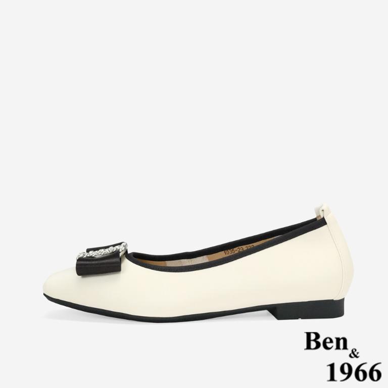 Ben&1966柔軟絲綢羊皮優雅鑽釦方頭包鞋-米白(256252)
