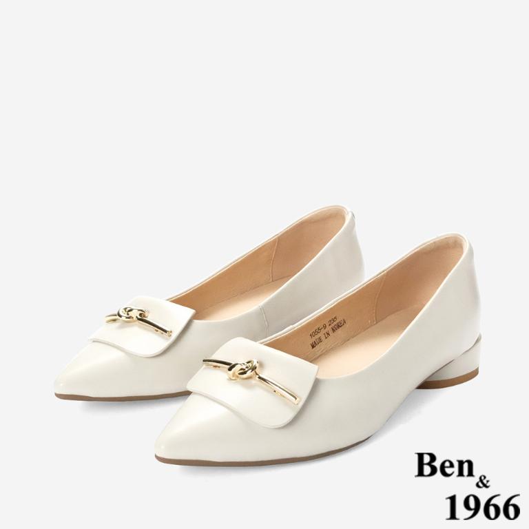 Ben&1966高級打蠟羊皮金釦尖頭低跟包鞋-米白(256152)