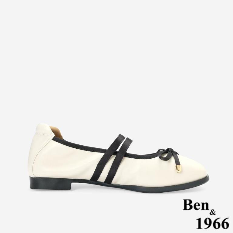 Ben&1966柔軟羊皮優雅蝴蝶結方頭包鞋-米白(256322)