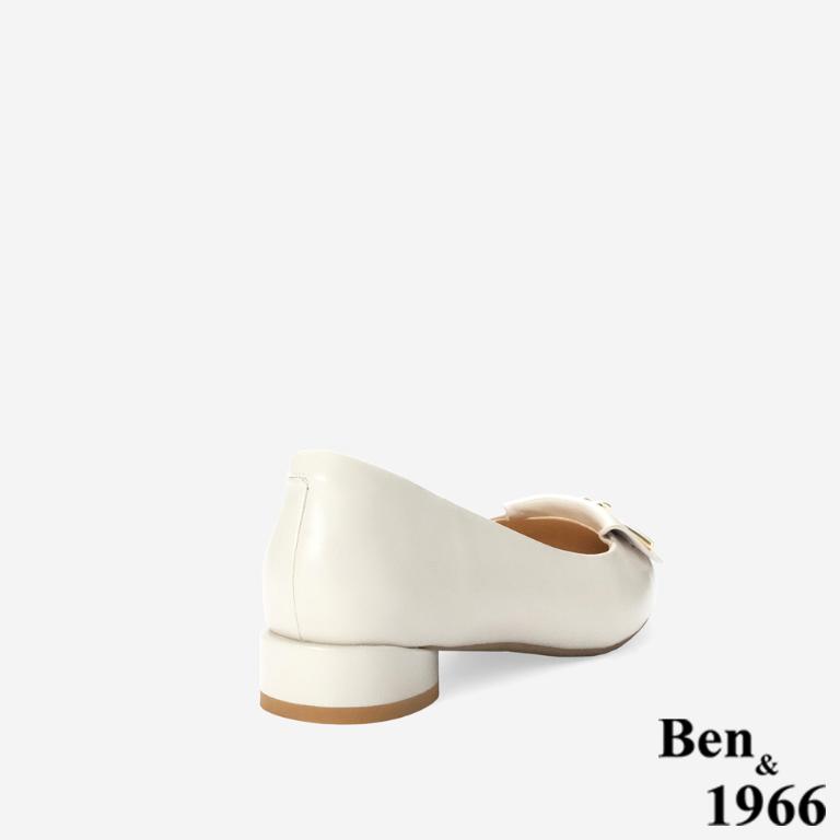 Ben&1966高級打蠟羊皮金釦尖頭低跟包鞋-米白(256152)