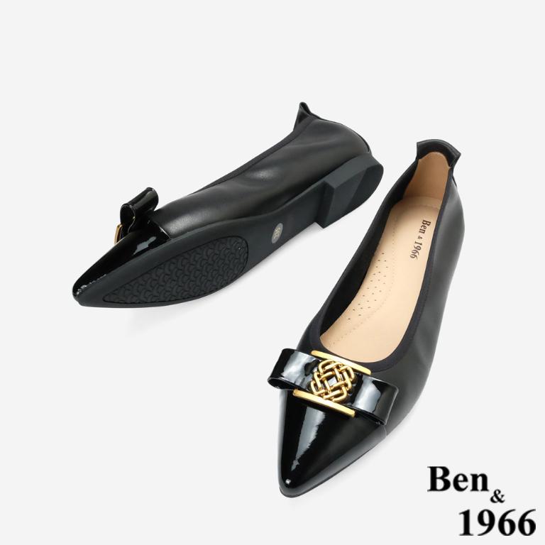 Ben&1966高級頭層牛皮優雅尖頭包鞋-黑(256281)