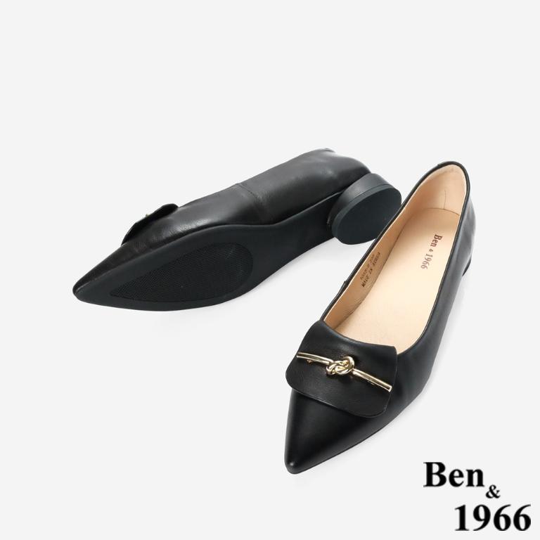 Ben&1966高級打蠟羊皮金釦尖頭低跟包鞋-黑(256151)