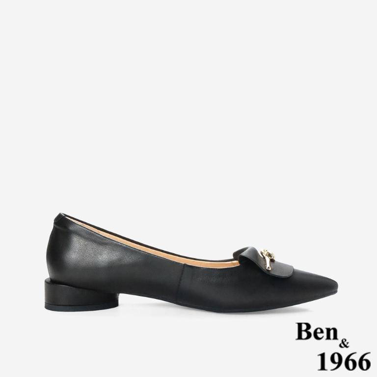 Ben&1966高級打蠟羊皮金釦尖頭低跟包鞋-黑(256151)