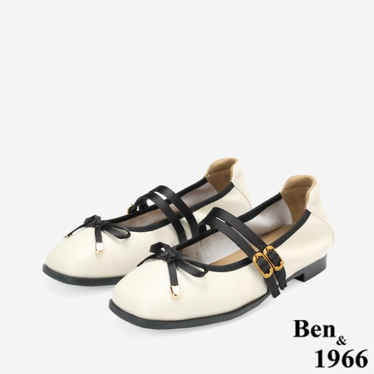 Ben&1966柔軟羊皮優雅蝴蝶結方頭包鞋-米白(256322)