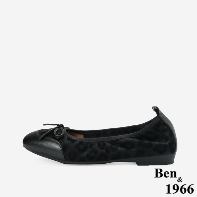 Ben&1966時尚豹紋牛皮蝴蝶結方頭包鞋-黑(256331)