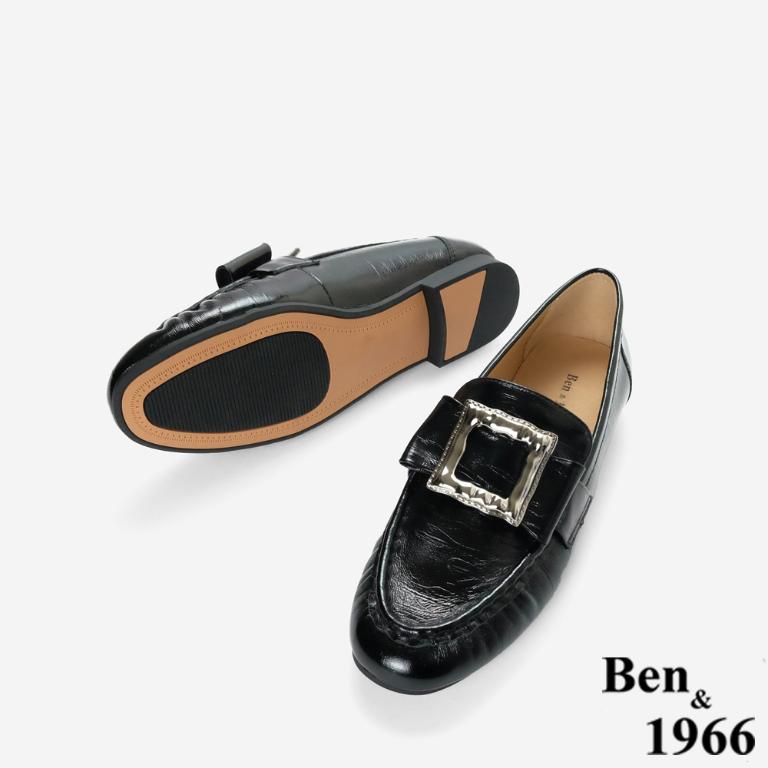 Ben&1966高級頭層牛皮個性方釦樂福鞋-黑(256131)