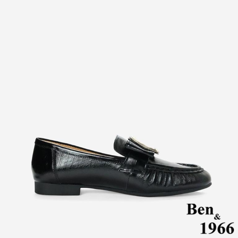 Ben&1966高級頭層牛皮個性方釦樂福鞋-黑(256131)