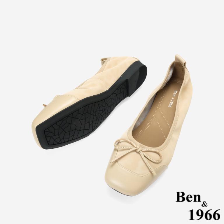 Ben&1966時尚豹紋牛皮蝴蝶結方頭包鞋-杏色(256332)