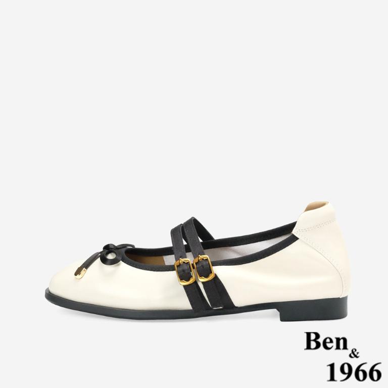 Ben&1966柔軟羊皮優雅蝴蝶結方頭包鞋-米白(256322)