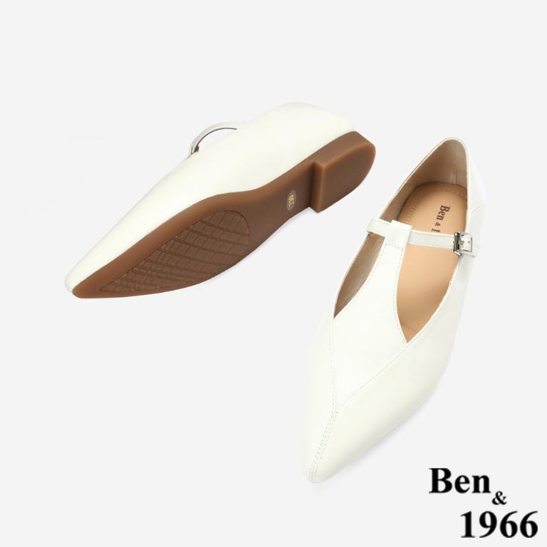 Ben&1966高級牛油皮氣質韓系尖頭瑪莉珍鞋-白色(256302)
