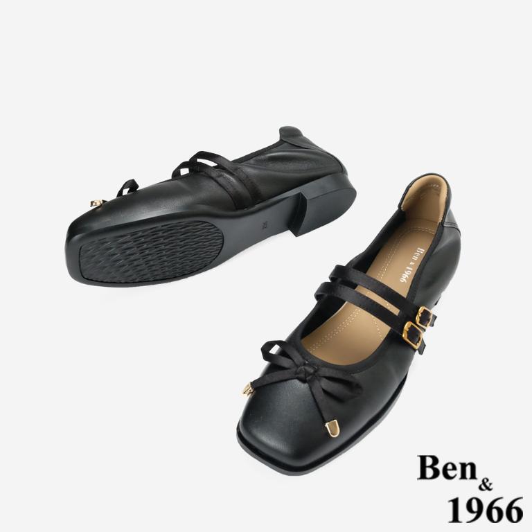Ben&1966柔軟羊皮優雅蝴蝶結方頭包鞋-黑(256321)