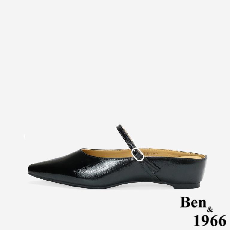 Ben&1966高級頭層牛皮質感優雅內增高穆勒拖-黑(256271)