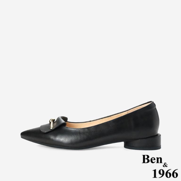 Ben&1966高級打蠟羊皮金釦尖頭低跟包鞋-黑(256151)