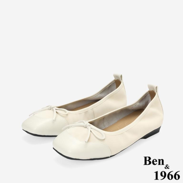 Ben&1966時尚豹紋牛皮蝴蝶結方頭包鞋-米白(256333)