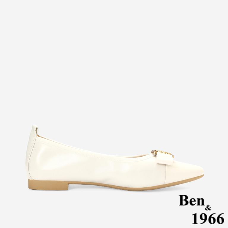 Ben&1966高級頭層牛皮優雅尖頭包鞋-米白(256282)