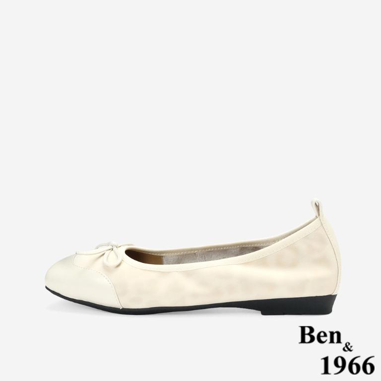 Ben&1966時尚豹紋牛皮蝴蝶結方頭包鞋-米白(256333)