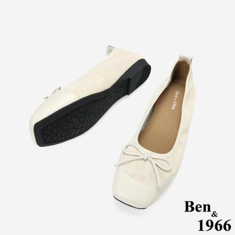 Ben&1966時尚豹紋牛皮蝴蝶結方頭包鞋-米白(256333)