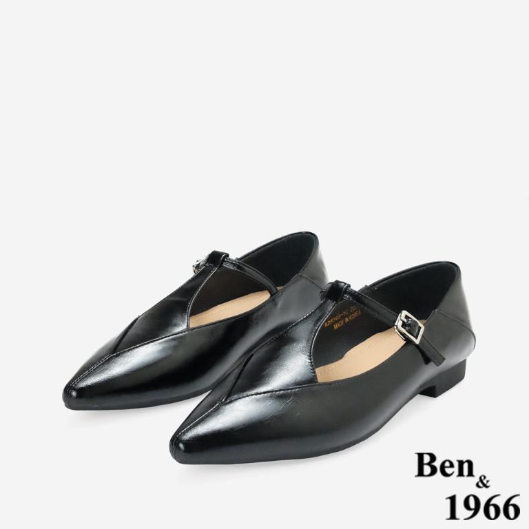 Ben&1966高級牛油皮氣質韓系尖頭瑪莉珍鞋-黑(256301)