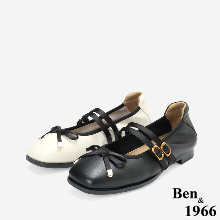 Ben&1966柔軟羊皮優雅蝴蝶結方頭包鞋-米白(256322)