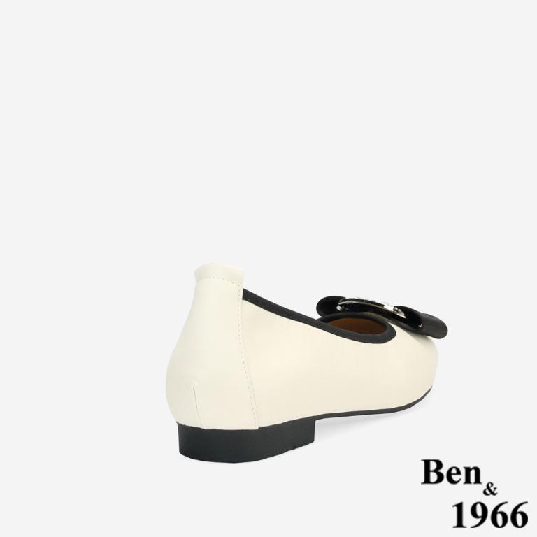 Ben&1966柔軟絲綢羊皮優雅鑽釦方頭包鞋-米白(256252)