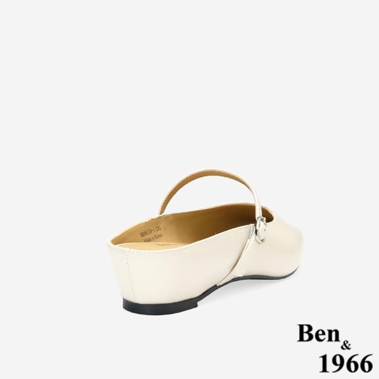 Ben&1966高級頭層牛皮質感優雅內增高穆勒拖-米白(256272)