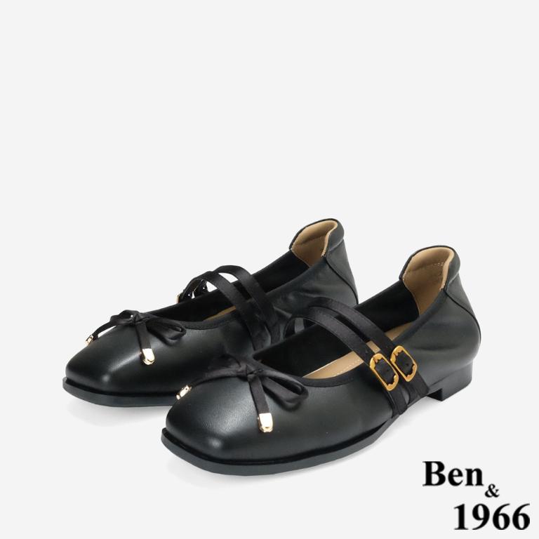 Ben&1966柔軟羊皮優雅蝴蝶結方頭包鞋-黑(256321)